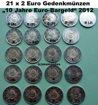 Preview: 21 x 2 Euro Gedenkmünzen 2012 "10 Jahre Euro-Bargeld" in Münzkassette