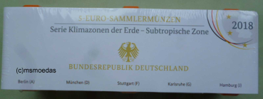 Deutschland 5x 5 Euro 2018 Subtropische Zone Sondermünzen Komplettsatz ADFGJ Proof