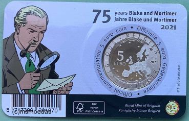 Preview: Belgien 5 Euro CoinCard 2021 Blake & Mortimer Sondermünze coloriert