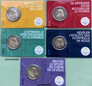 Frankreich alle 5 x 2 Euro CoinCard 2021 Olympische Spiele Paris 2024 Gedenkmünze Nr. 1 bis 5