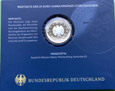 Preview: Deutschland 20 Euro Silber Sondermünze 2024 Grundgesetz PP