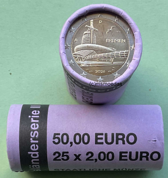 Deutschland 2 Euro Rolle Gedenkmünzen 2026 Bremen Bremerhaven (A) Berlin