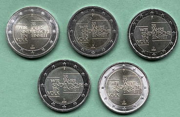 Deutschland 5 x 2 Euro Gedenkmünzen 2025 Deutsche Einheit (A,D,F,G,J)