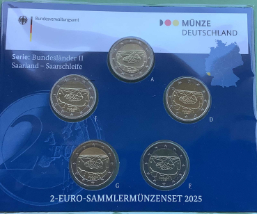 Deutschland 2 Euro Blister Gedenkmünzen 2025 Saarland Saarschleife (A,D,F,G,J) Stempelglanz