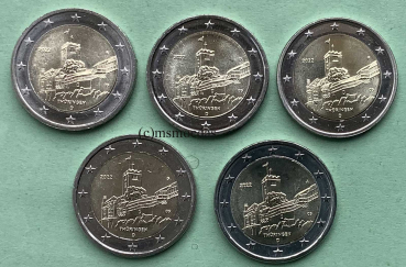 Deutschland 5 x 2 Euro Gedenkmünzen 2022 Thüringen Wartburg (A,D,F,G,J)