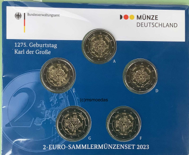 Deutschland 2 Euro Blister Gedenkmünzen 2023 Karl der Große (A,D,F,G,J) Stempelglanz