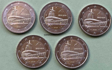 Deutschland 5 x 2 Euro Gedenkmünzen 2026 Bremen Bremerhaven (A,D,F,G,J)