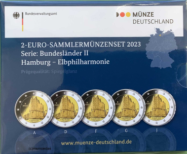 Deutschland Off. Blister 2023 Hamburg Elbphilharmonie 2-Euro-Gedenkmünzenset (A,D,F,G,J) Spiegelglanz