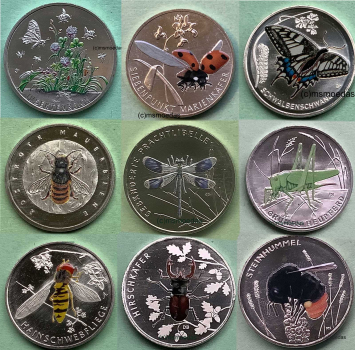 Deutschland 9 x 5 Euro 2022+2023+2024 Wunderwelt Insekten Sondermünzen