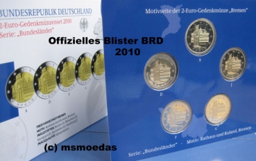 Deutschland 2 Euro Blister Gedenkmünzen 2010 Bremen (A,D,F,G,J) Spiegelglanz