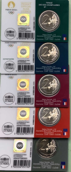Preview: Frankreich alle 5 x 2 Euro CoinCard 2024 Olympische Spiele Paris Gedenkmünze Nr. 1 bis 5 Herkules Ringkampf