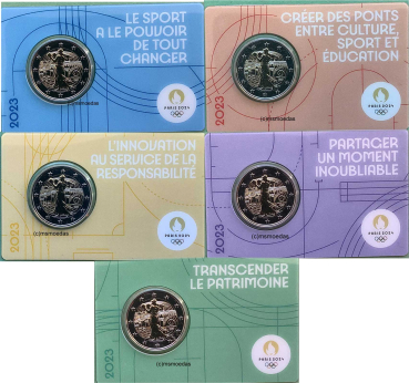 Frankreich alle 5 x 2 Euro CoinCard 2023 Olympische Spiele Paris 2024 Gedenkmünze Nr. 1 bis 5 Faustkampf