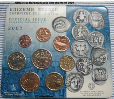 Griechenland Offizieller Kursmünzensatz 2007 (1 Cent bis 2 Euro) Stempelglanz
