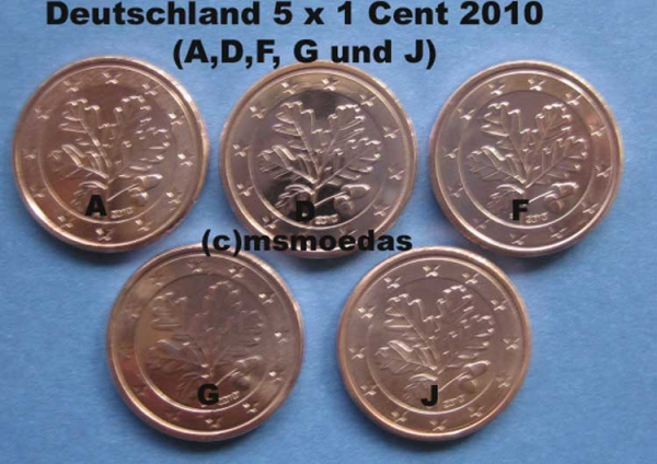 Deutschland 5 x 1 Euro-Cent 2010 (A,D,F,G,J)