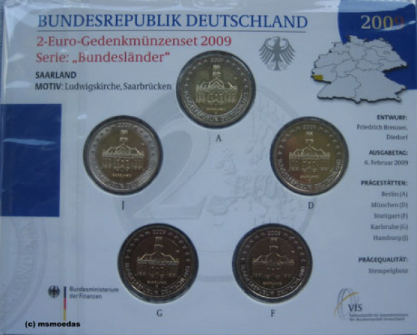 Deutschland 2 Euro Blister 2009 Saarland (A,D,F,G,J) Stempelglanz