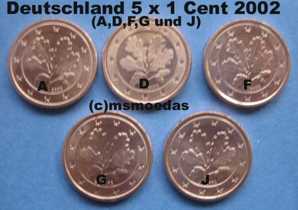 Deutschland 5 x 1 Euro-Cent 2002 (A,D,F,G,J)