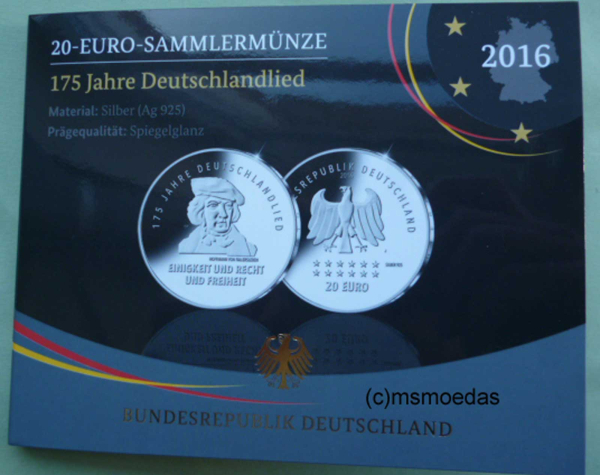 Deutschland 20 Euro Sondermünze 2016 Deutschlandlied PP