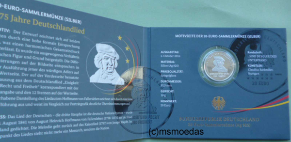 Deutschland 20 Euro Sondermünze 2016 Deutschlandlied PP