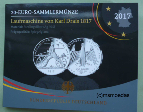 Deutschland 20 Euro Sondermünze 2017 Laufmaschine Karl Drais PP