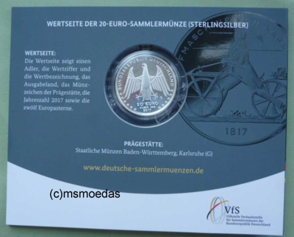 Deutschland 20 Euro Sondermünze 2017 Laufmaschine Karl Drais PP