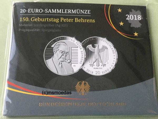 Deutschland 20 Euro Sondermünze 2018 Peter Behrens PP