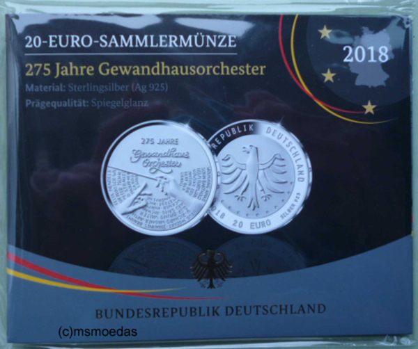 Deutschland 20 Euro Sondermünze 2018 Gewandhausorchester PP