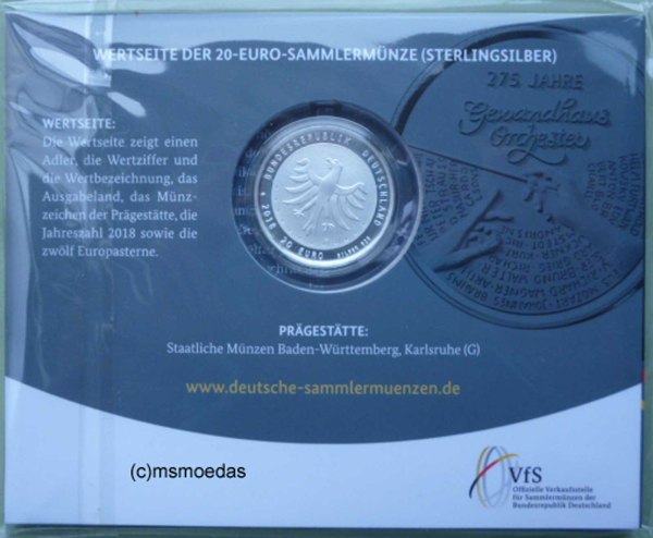 Deutschland 20 Euro Sondermünze 2018 Gewandhausorchester PP