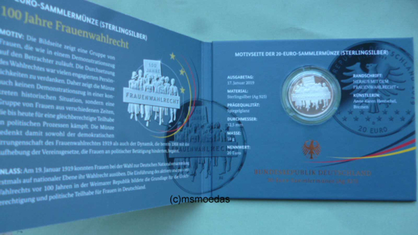Deutschland 20 Euro Sondermünze 2019 Frauenwahlrecht PP
