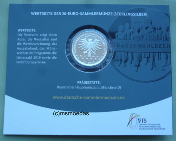 Deutschland 20 Euro Sondermünze 2019 Frauenwahlrecht PP