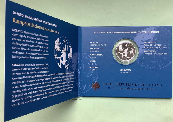 Deutschland 20 Euro Silber Sondermünze 2022 Grimms Märchen Rumpelstilzchen PP