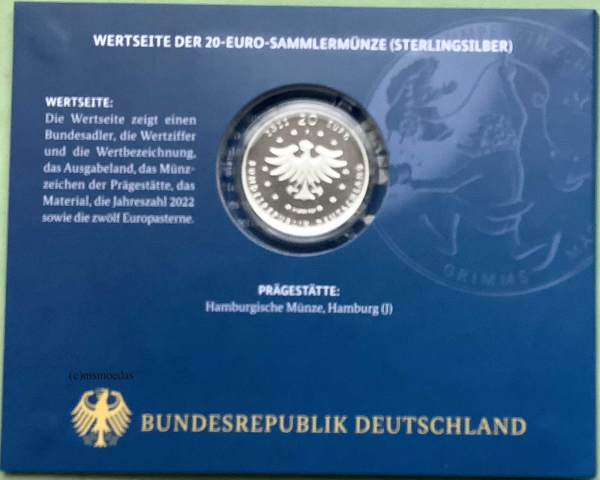 Deutschland 20 Euro Silber Sondermünze 2022 Grimms Märchen Rumpelstilzchen PP