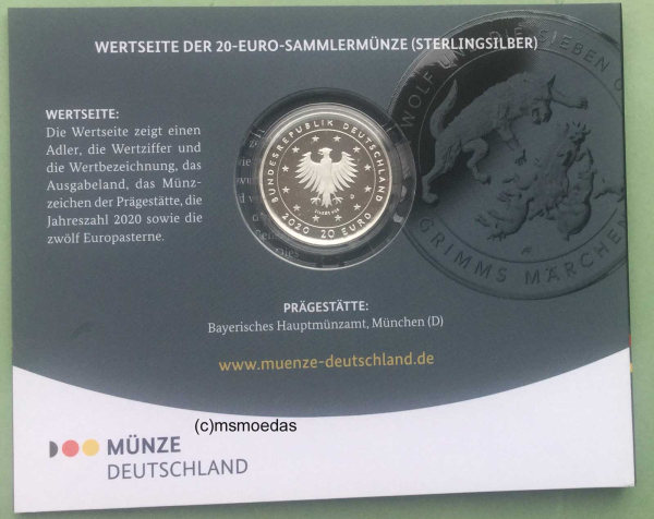 Deutschland 20 Euro Sondermünze 2020 Grimms Märchen Wolf und die 7 Geißlein PP