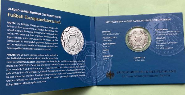 Deutschland 20 Euro Silber Sondermünze 2021 Fußball Europameisterschaft PP