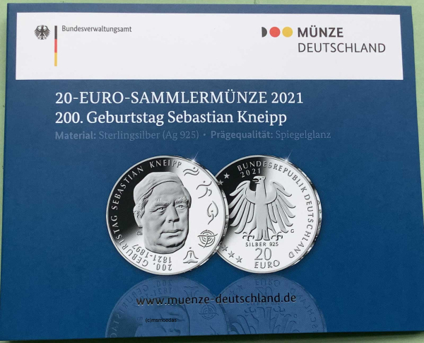 Deutschland 20 Euro Silber Sondermünze 2021 Sebastian Kneipp PP