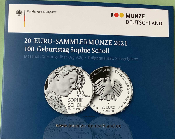 Deutschland 20 Euro Silber Sondermünze 2021 Sophie Scholl PP