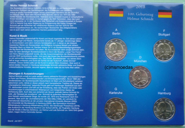 Deutschland 5 x 2 Euro Gedenkmünzen 2018 Helmut Schmidt (A,D,F,G,J) Münzkarte