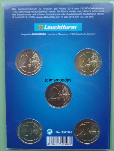 Deutschland 5 x 2 Euro Gedenkmünzen 2018 Helmut Schmidt (A,D,F,G,J) Münzkarte