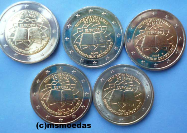 Deutschland 5 x 2 Euro Gedenkmünzen 2007 Römische Verträge (A,D,F,G,J)