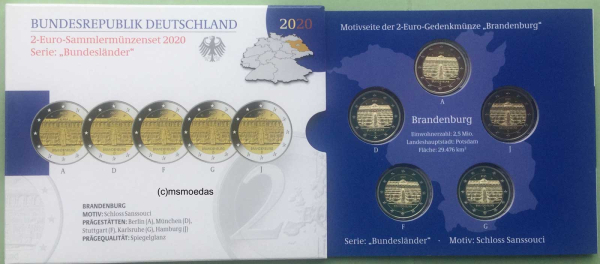 Deutschland Off. Blister 2020 Brandenburg Schloss Sanssouci 2-Euro-Gedenkmünzenset (A,D,F,G,J) Spiegelglanz