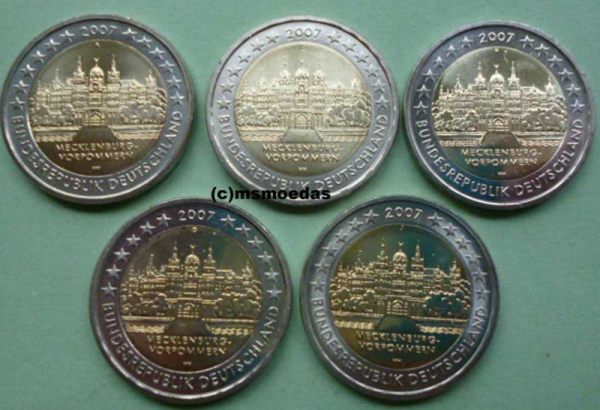 Deutschland 2 Euro Blister Gedenkmünzen 2007 Schweriner Schloss (A,D,F,G,J) Spiegelglanz