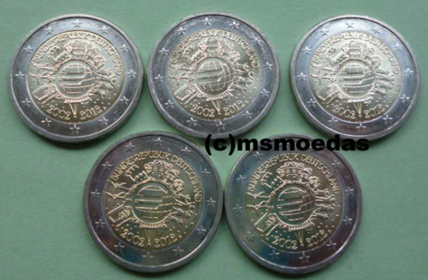 Deutschland 5 x 2 Euro Gedenkmünzen 2012 TYE 10 Jahre Euro-Bargeld (A,D,F,G,J) Münzkarte