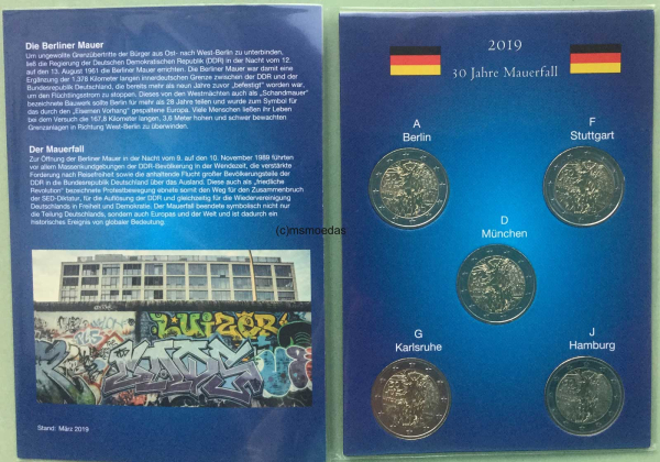 Deutschland 5 x 2 Euro Gedenkmünzen Mauerfall 2019 (A,D,F,G,J) Münzkarte