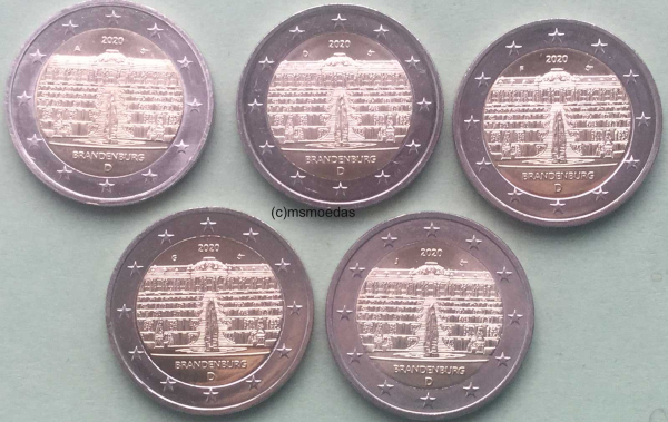 Deutschland 5 x 2 Euro Gedenkmünzen 2020 Brandenburg Schloss Sanssouci (A,D,F,G,J)