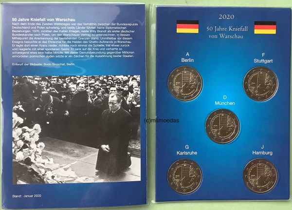 Deutschland 5 x 2 Euro Gedenkmünzen 2020 Kniefall von Warschau (A,D,F,G,J) Münzkarte