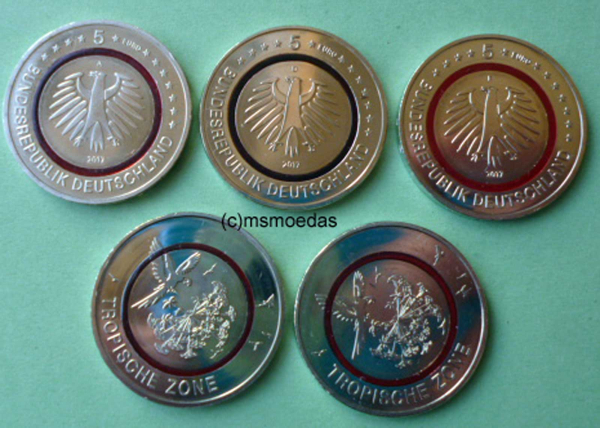 Deutschland 5 x 5 Euro 2017 Sondermünzen Tropische Zone A,D,F,G,J