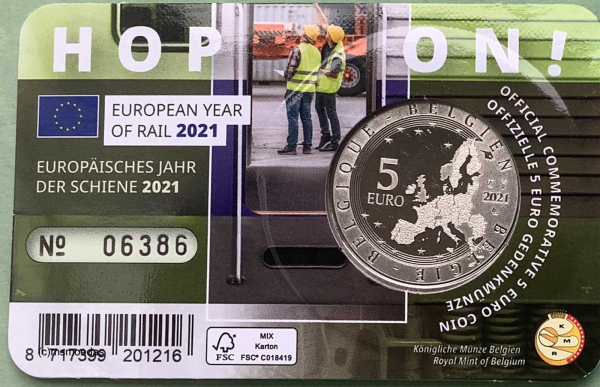 Belgien 5 Euro CoinCard 2021 Europäisches Jahr Eisenbahn Sondermünze