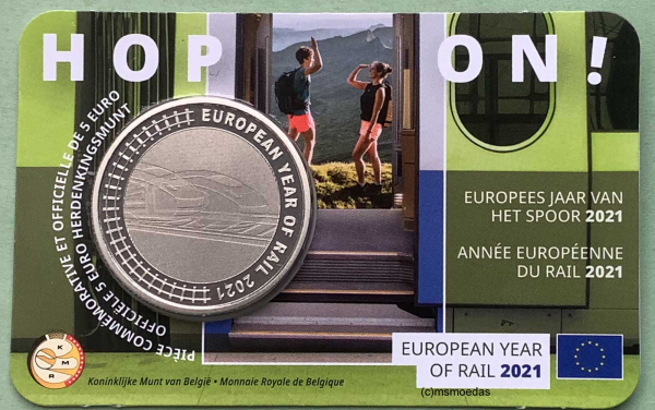 Belgien 5 Euro CoinCard 2021 Europäisches Jahr Eisenbahn Sondermünze