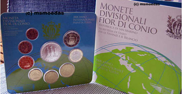 San Marino Offizieller Kursmünzensatz 2008 (1 Cent bis 2 Euro + 5 Euro Silbermünze) Planet Erde FDC
