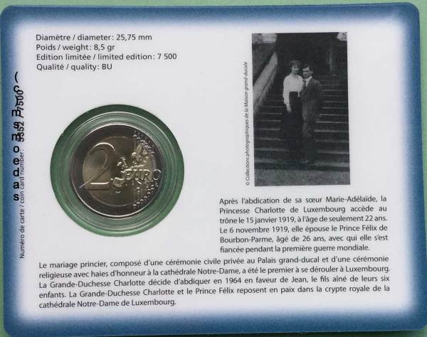 Luxemburg 2 Euro CoinCard 2019 Großherzogin Charlotte Münzzeichen Brücke