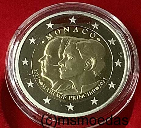 Monaco 2 Euro Gedenkmünze 2021 Hochzeitstag Fürst Albert II und Fürstin Charlène Proof